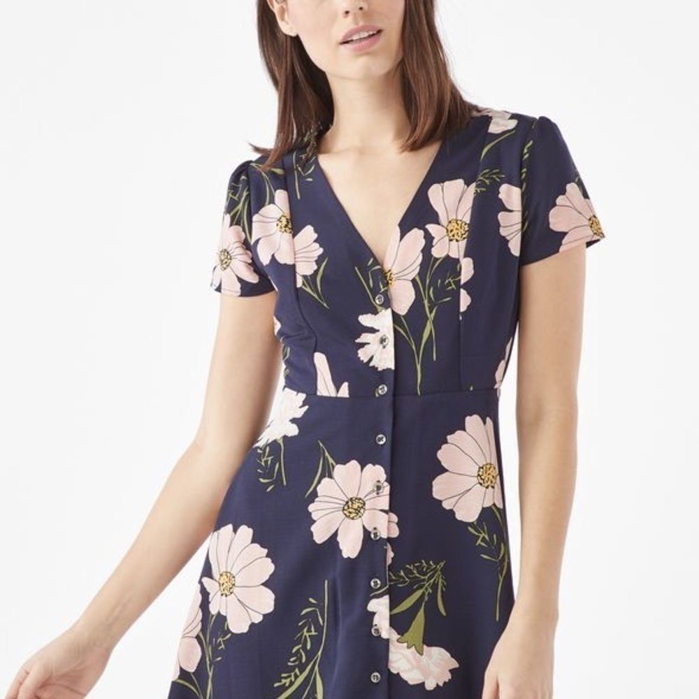 JustFab || pink floral navy fit and flare dress - Picture 3 of 10